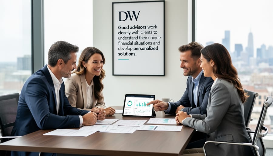 Financial advisor consulting with client in professional office setting