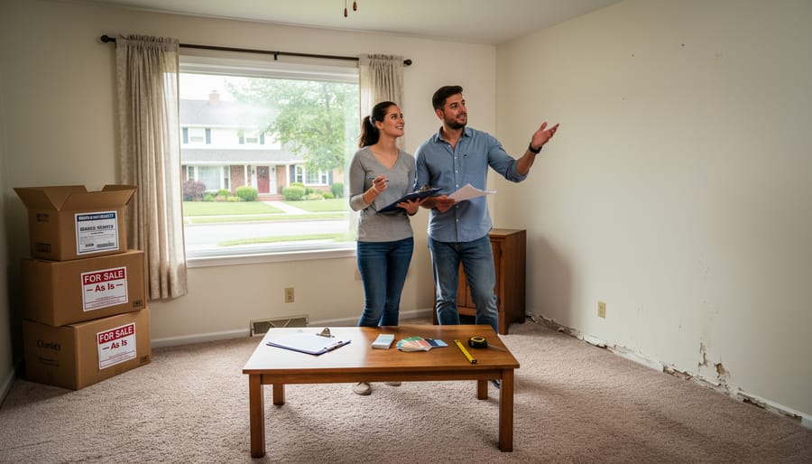 Homebuyer holding keys at the entrance to a UK home with visible signs it needs attention