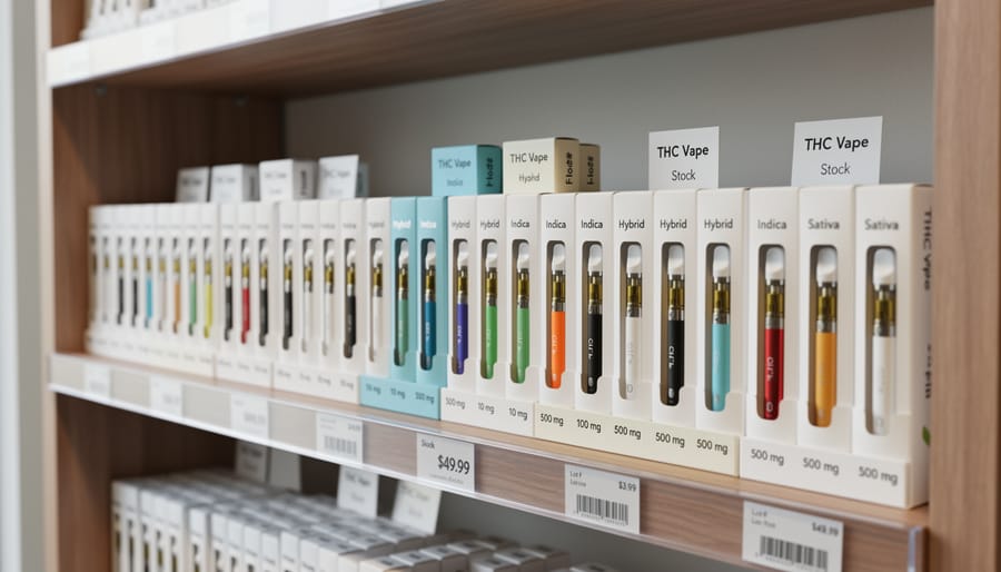 Neatly arranged THC vape cartridges and disposable pens displayed at a Canadian cannabis retail counter