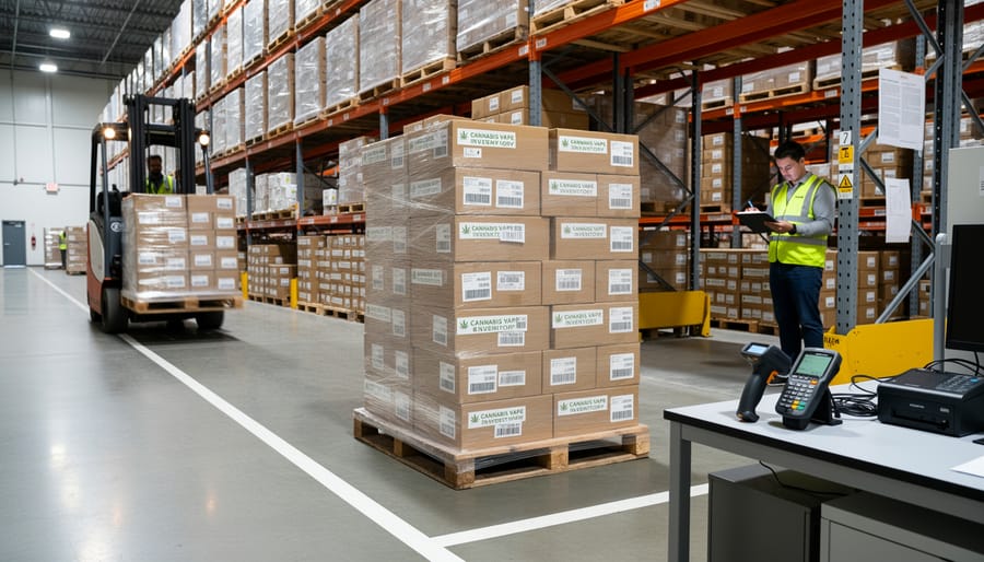 Top-down view of stacked shipping boxes and an inventory tote in a warehouse setting